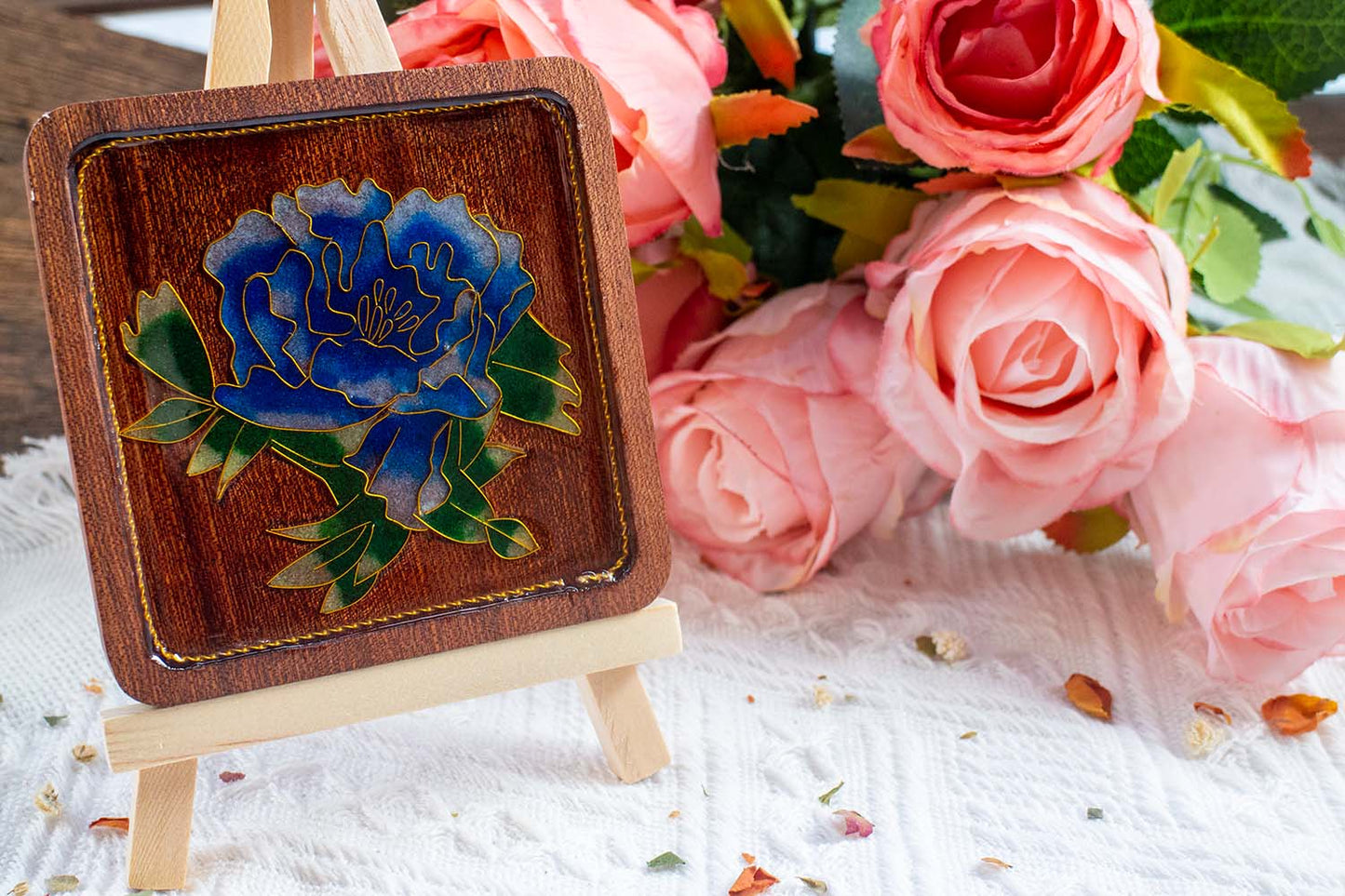 GGLEE Handmade Blue Peony Coaster Sustainable Orignal Wooden Cup Mat for Festival Gift 1 pcs