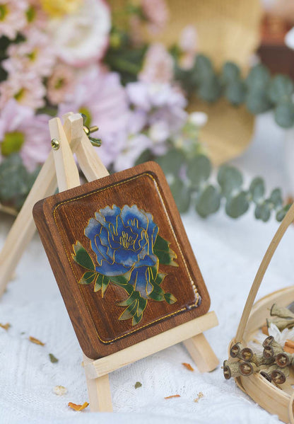 GGLEE Handmade Blue Peony Coaster Sustainable Orignal Wooden Cup Mat for Festival Gift 1 pcs