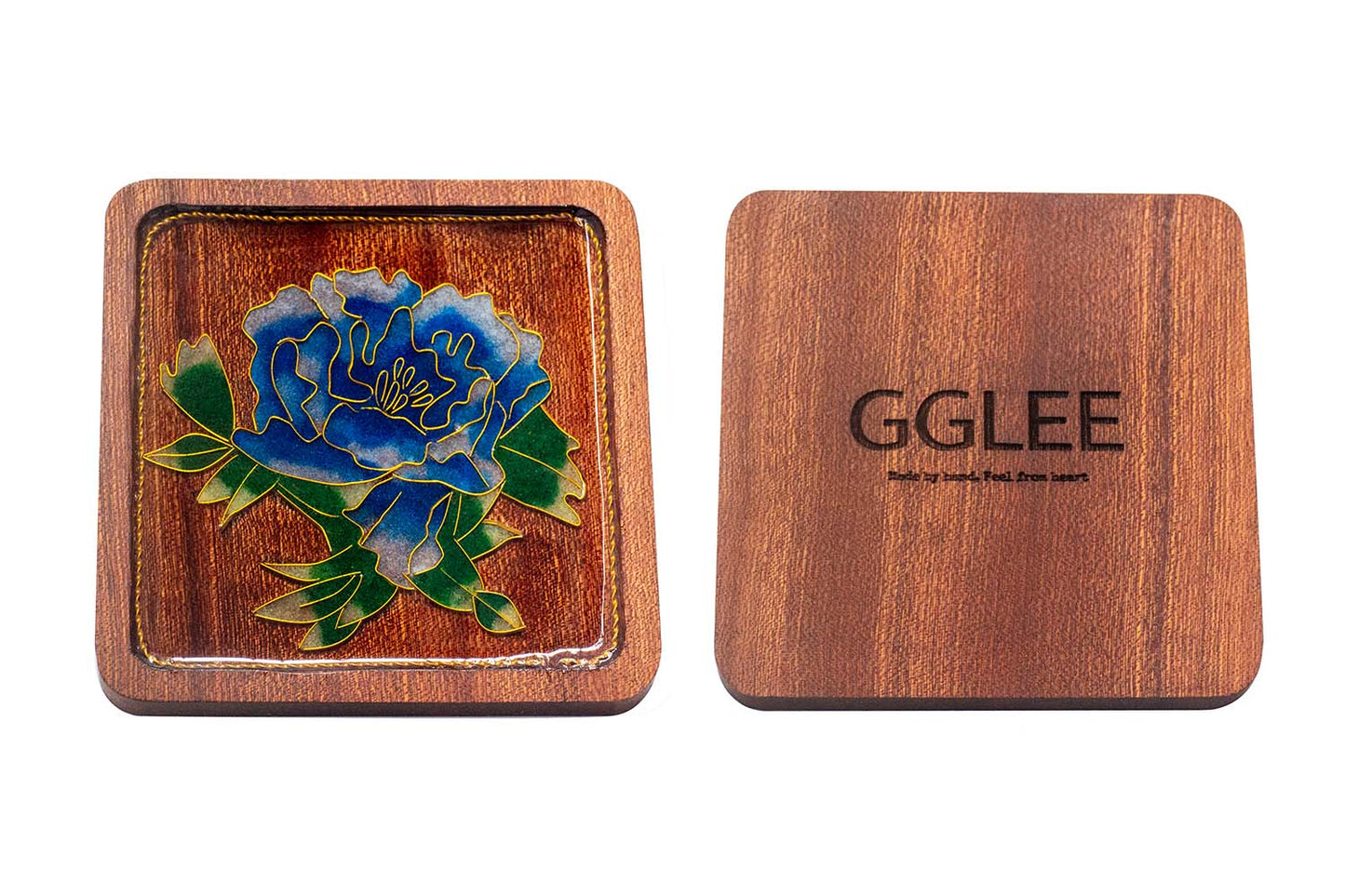 GGLEE Handmade Blue Peony Coaster Sustainable Orignal Wooden Cup Mat for Festival Gift 1 pcs