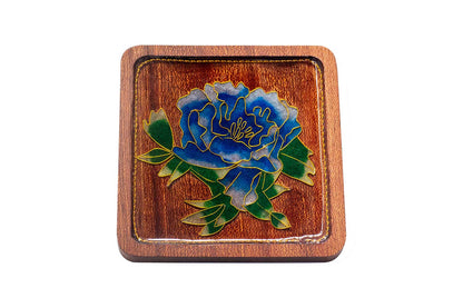 GGLEE Handmade Blue Peony Coaster Sustainable Orignal Wooden Cup Mat for Festival Gift 1 pcs