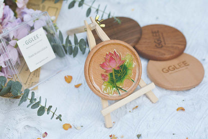 GGLEE Quality Home Crafts Personalized Handmade Wooden Drink Coaster Epoxy Resin Art with Lotus Design 1 pcs