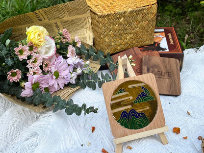 GGLEE Handmade Original Wooden Cup mat with Mountain Views Design for Household (Square) 1 pcs