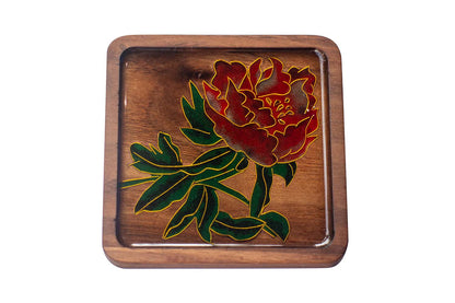 GGLEE Handmade Natural Walnutwood Coffee Cups Coasters for Home Table Decorative with Red Peony Design (Square)1 pcs