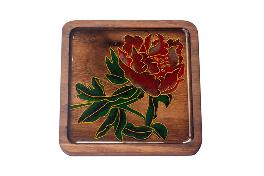 GGLEE Handmade Natural Walnutwood Coffee Cups Coasters for Home Table Decorative with Red Peony Design (Square)1 pcs