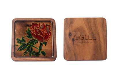 GGLEE Handmade Natural Walnutwood Coffee Cups Coasters for Home Table Decorative with Red Peony Design (Square)1 pcs