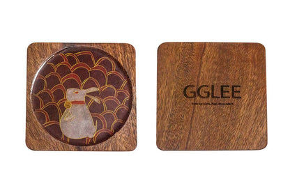 GGLEE Handmade Natural Ebonywood Coaster Sustainable Red Rabbit Cup Mat for Office Drink Coffee(Square) 1 pcs